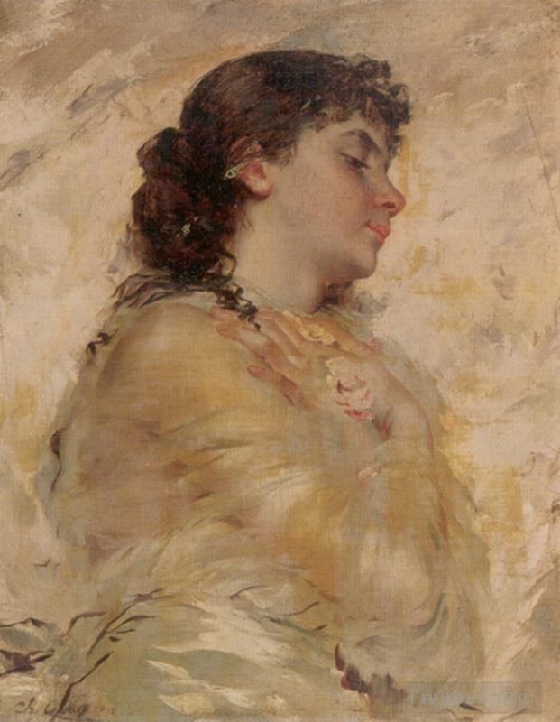 查尔斯·约书亚·卓别林 的油画作品 -  《一个年轻女子侧面肖像》
